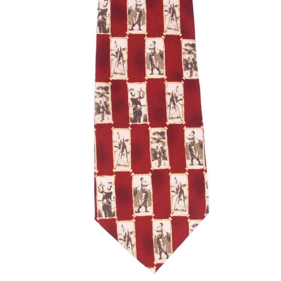 Classic Golfers Golf Scene Gallery Check Pattern Red Mens Island Silk Neck Tie - Picture 3 of 3